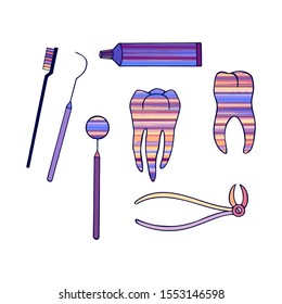 dental kit, teeth, tools, tube of toothpaste, toothbrush. eps10 vector illustration. hand drawing