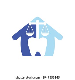 Dental law vector logo design. Tooth and balance with home shape icon design.
