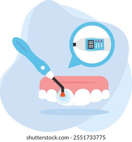 procedimientos de láser dental haz concentrado de luz para eliminar el concepto de tejido de forma, blanqueamiento de dientes o diseño de ícono de Vector de limpieza profunda, símbolo de odontología, signo de atención médica Ilustración de instrumento dental