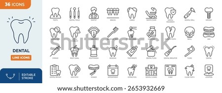 Dental line editable icon set. Containing tooth, dentistry, toothpaste, toothbrush, dentist, teeth, implant, and more. Editable stroke. Vector illustration