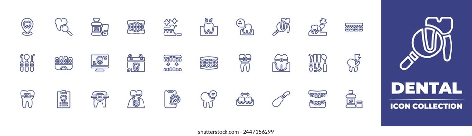 Colección de ícono de línea dental. Trazo editable. Ilustración vectorial. Conteniendo dentista, diente, smartphone, implantitis peribucal, cita, prescripción, dentadura postiza, aparatos ortopédicos, ortodoncia, aparato ortopédico, computadora.