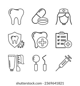 Dental line icon. Dentistry signs set with tooth, toothpaste, dentist, medical instrument. Editable stroke vector.