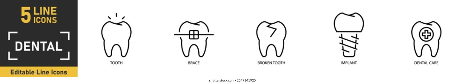 Dental line icon set. Set of 5 outline icons related to tooth, brace, broken tooth, implant, dental care and more. Vector illustration.