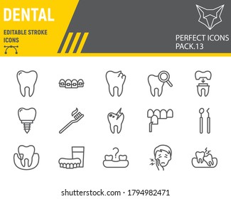 Dental line icon set, dentistry collection, vector sketches, logo illustrations, orthodontics icons, stomatology clinic signs linear pictograms, editable stroke