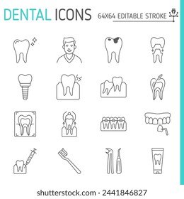 Dental line icon set, dentistry vector collection, logo illustrations, stomatology vector icons, outline style pictogram pack, editable stroke icons.