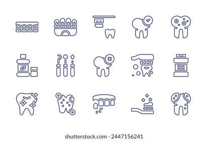 Conjunto de iconos de línea dental. Trazo editable. Ilustración vectorial. Conteniendo caries, cepillado de dientes, dientes, dientes, herramientas, enjuague bucal, cepillo de dientes, ortesis, cavidad, revisado, podrido.