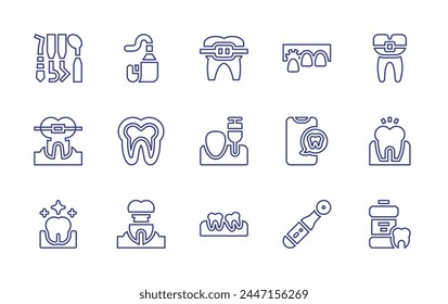 Dental line icon set. Editable stroke. Vector illustration. Containing anesthesia, electric toothbrush, toothpaste, clean, tooth, smartphone, teeth, dentist tools, brace, mouthwash, implant, braces.