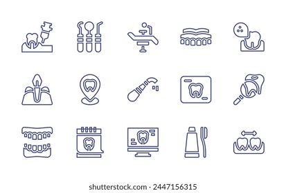 Conjunto de iconos de línea dental. Trazo editable. Ilustración vectorial. Contiene dentista, radiografía, dientes, diente, epitelio gingival, silla, lupa, cepillo de dientes, aspiración, dentadura, bacterias.