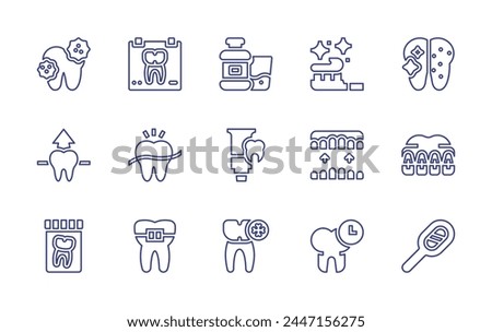 Dental line icon set. Editable stroke. Vector illustration. Containing mirror, bacteria, tooth, x rays, sensitivity, mouthwash, braces, orthodontic, toothbrush, clock, toothpaste.