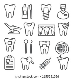 Dental line icons set on white background