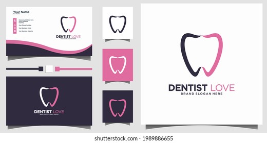 dental logo with abstract Heart Love design vector branding template business card