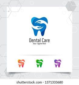 Dental logo dentist vector design with concept of hand and tooth icon . Dental care for hospital, doctor, clinic, and health.