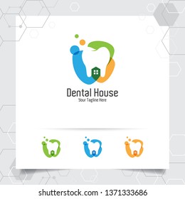 Dental logo dentist vector design with concept of house and tooth icon . Dental care for hospital, doctor, clinic, and health.