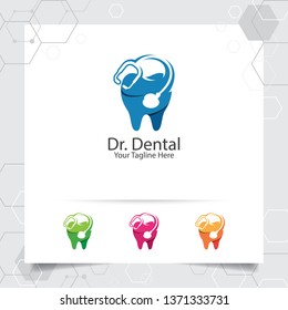 Dental logo dentist vector design with concept of stethoscope and tooth icon . Dental care for hospital, doctor, clinic, and health.