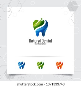 Dental logo dentist vector design with concept of green leaves and tooth icon . Dental care for hospital, doctor, clinic, and health.
