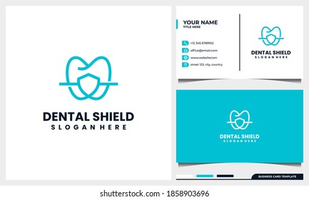 Dental logo design with Line Art style and shield protection concept with business card template