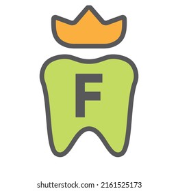 Dental Logo Design On Letter F Crown Symbol. Dental Care Logo Sign, Clinic Tooth King Logo Design With Luxury Vector Template