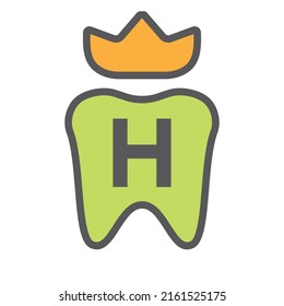Dental Logo Design On Letter H Crown Symbol. Dental Care Logo Sign, Clinic Tooth King Logo Design With Luxury Vector Template