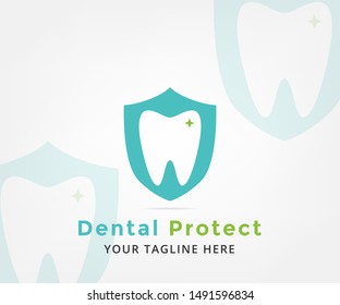 Dental logo design, dental protect with blue shield, dental clinic logo vector
