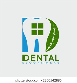 Dental logo design. Tooth illustration with window and leaf symbol. Suitable for dental clinic identity.
