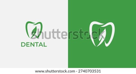 Dental logo design. Tooth and leaf logo vector illustration. Dentistry simple and modern logo template. Green dental logo for brand, business, or company.