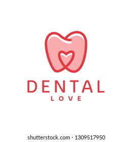 Dental logo design vector template with flat line tooth combination Love line Concept style. symbol and Icon Dental care for hospital, doctor, clinic, and health. Company and Business.