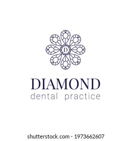 Dental logo. Diamond luxury logotype for dental clinic or dentist. Flower in geometric style with letter D.