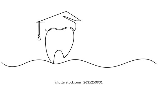 dental logo with graduation cap continuous one line drawing, One line drawing of a teeth, Graduation Cap Continuous Line Art Illustration, Tooth in graduation hat dental school icon isolated. Vector.