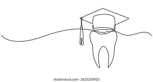 dental logo with graduation cap continuous one line drawing, One line drawing of a teeth, Graduation Cap Continuous Line Art Illustration, Tooth in graduation hat dental school icon isolated. Vector.