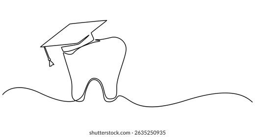 dental logo with graduation cap continuous one line drawing, One line drawing of a teeth, Graduation Cap Continuous Line Art Illustration, Tooth in graduation hat dental school icon isolated. Vector.