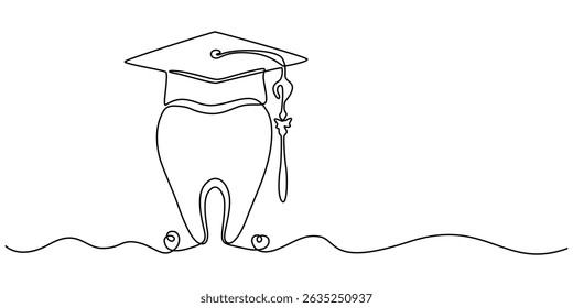 dental logo with graduation cap continuous one line drawing, One line drawing of a teeth, Graduation Cap Continuous Line Art Illustration, Tooth in graduation hat dental school icon isolated. Vector.