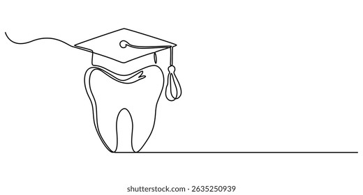 dental logo with graduation cap continuous one line drawing, One line drawing of a teeth, Graduation Cap Continuous Line Art Illustration, Tooth in graduation hat dental school icon isolated. Vector.