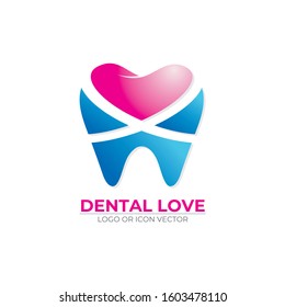 Dental logo with pink love icon vector, suitable for dentistry, dental clinic, family dental health care, healthy tooth etc