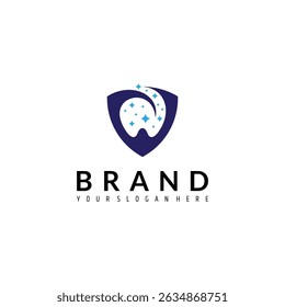 dental logo with shield shape design decorated with stars in flat style