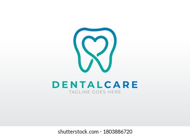 Dental logo, shiny teeth with heart icon inside, Flat Logo Design Template, vector illustration