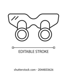 Dental loupes linear icon. Equipment for enlarging and examining teeth. Magnifying glasses. Thin line customizable illustration. Contour symbol. Vector isolated outline drawing. Editable stroke