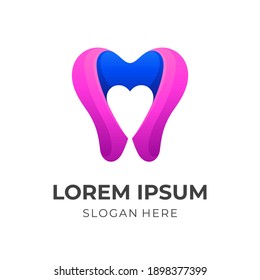 dental love logo, dental and love, combination logo with 3d pink and blue color style
