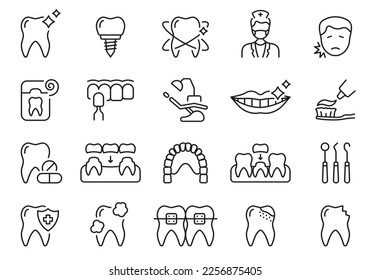 Symbolsatz für die Zahnarztlinie. Orale Hygiene, gesunde Zähne Linearbild. Zahnarztinstrument. Dentistry Outline Symbol. Zahnbehandlung Zeichen. Bearbeitbarer Stroke. Einzelne Vektorgrafik.