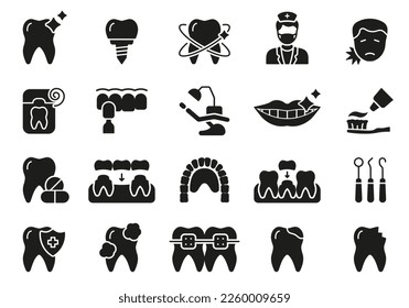 Conjunto de iconos de la silueta de atención médica dental. Instrumento Dentista. Higiene Oral, Dientes Saludables, Pictograma Glifo Denturo Humano. Signo sólido de tratamiento dental. Símbolo de la ciencia dental. Ilustración de vectores aislados.