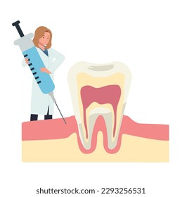 Dental medical concept. female Dentist numbed the tooth by dental injection. Flat cartoon Vector illustration