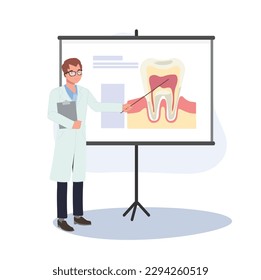 Dental medical concept. Male Dentist with clipboard and pointer is explains about tooth on whiteboard.  Dental presentation. Flat cartoon Vector illustration
 
