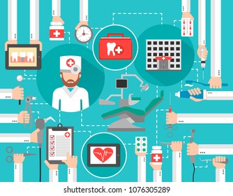 Dental medical design modern flat set with dentist and dentist chair.Vector illustration