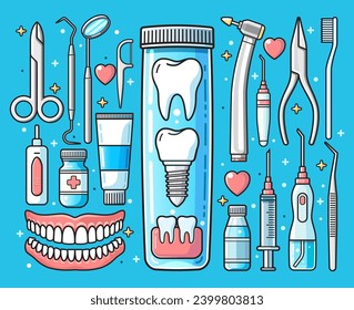 Dental medical elements background. Teeth equipment tools.