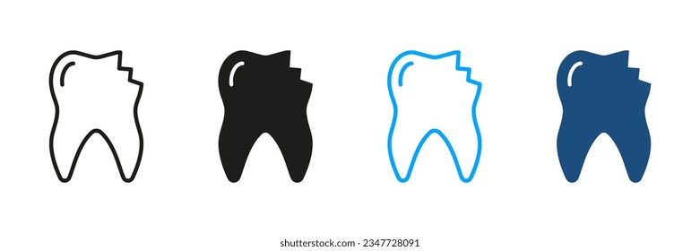 Problema Médico Dental, Pictograma Dental Chipped. Signo de esmalte dañado. Colección de símbolos dentarios y negros. Silhouette de dientes rotos y conjunto de iconos de línea. Ilustración de vectores aislados.