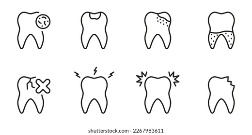 Conjunto de iconos de la línea de problemas médicos dentales. Dientes rotos y rotos, Caries, Pictograma lineal de dolor de dientes. Símbolo de contorno de escritura. Signo de tratamiento dental. Stroke editable. Ilustración de vectores aislados.