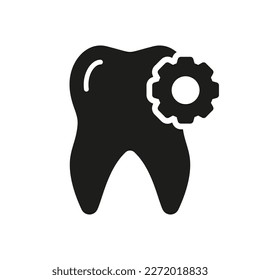 Dental Medical Repair Silhouette Icon. Tooth Extraction Sign with Gear Glyph Pictogram. Orthodontic Oral Medicine. Dental Treatment. Dentistry Solid Symbol. Isolated Vector Illustration.