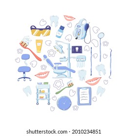 Conjunto médico dental de elementos de diseño aislados sobre fondo blanco. Imagen vectorial de dientes, equipo, herramientas, muebles de gabinete en estilo dibujado a mano.