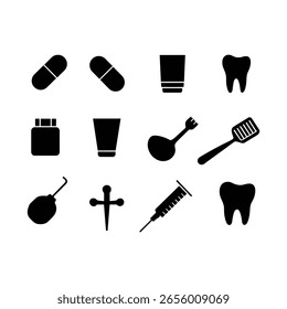 Dental and Medical Solid Icons Set – Tooth, Syringe, Toothbrush, Medicine, and Tools.