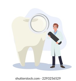 Medicina dental, concepto de chequeo dental. macho Dentista con una gran magnificación y dientes. Ilustración de dibujos animados de vector plano