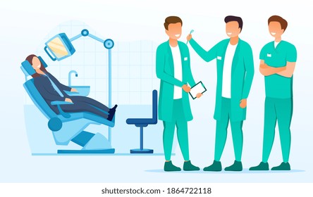 Concepto de medicina dental. Equipo de dentistas en odontología. Silla dental con paciente con antecedentes médicos. Reconocimiento médico y examen de los dientes. Dibujo vectorial plano de dibujos animados